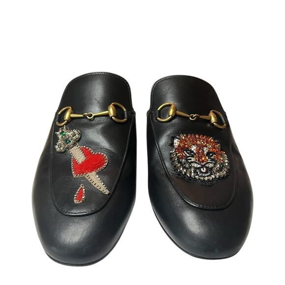 Gucci Black Leather Tiger and Pierced Heart Princetown Mule Slippers EU 38 US 8 - Picture 3 of 13